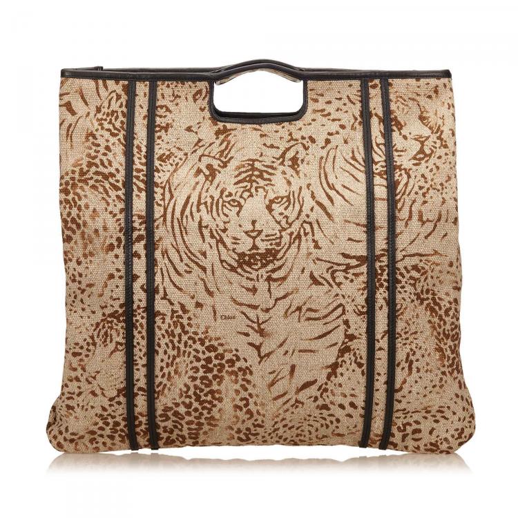 Pre Owned Chloe Brown Tiger Print Fabric Top Handle Bag