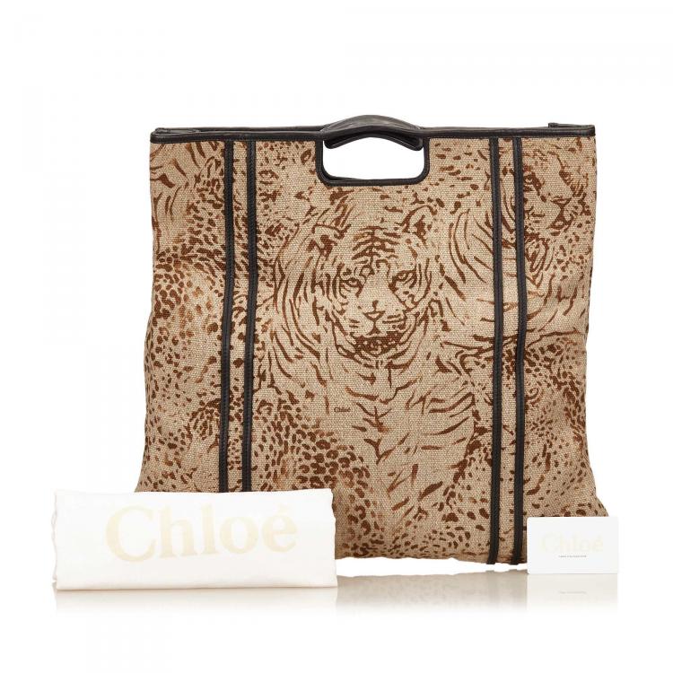 Pre Owned Chloe Brown Tiger Print Fabric Top Handle Bag