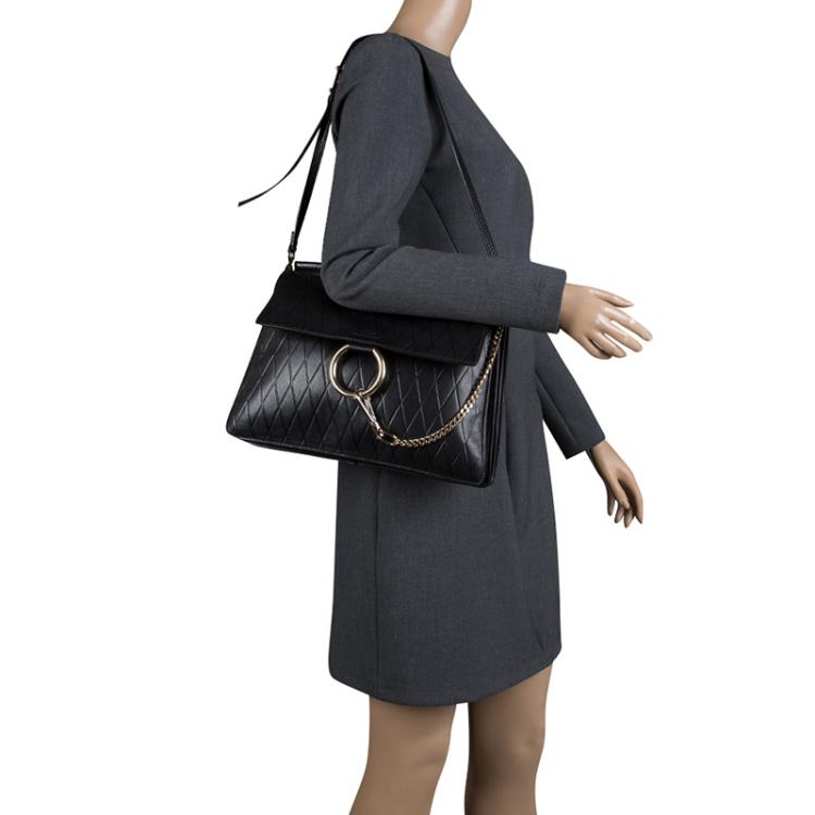 Pre Owned Chloe Black Diamond Embossed Leather Medium Faye Shoulder Bag