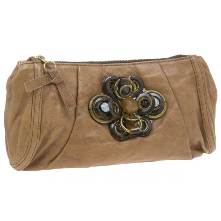Pre Owned Chloe Brown Leather Embellished Clutch