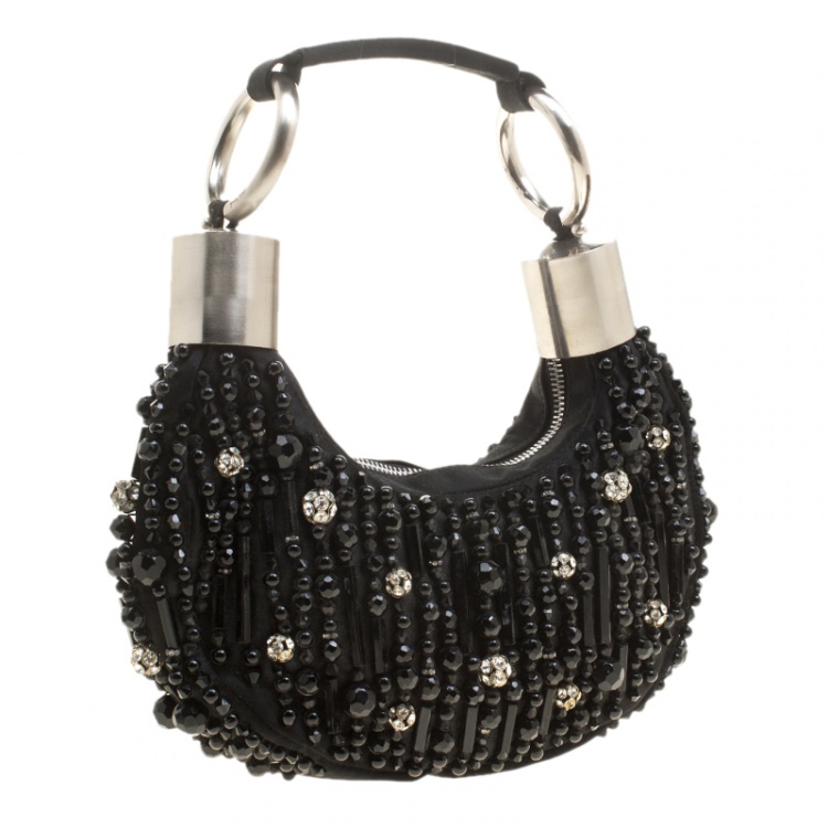 Pre Owned Chloe Black Satin Beads Embellished Hobo
