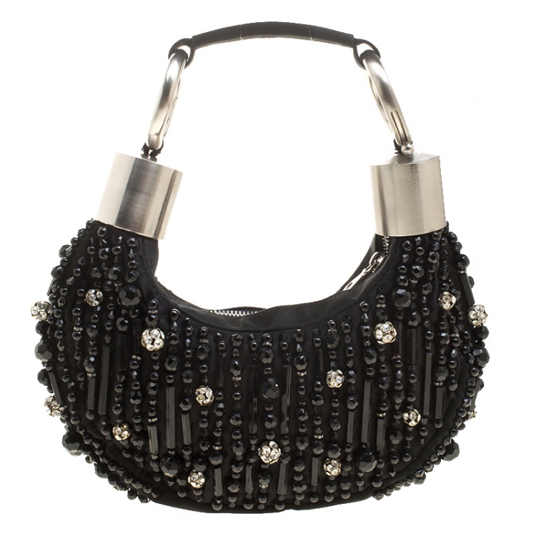Pre Owned Chloe Black Satin Beads Embellished Hobo