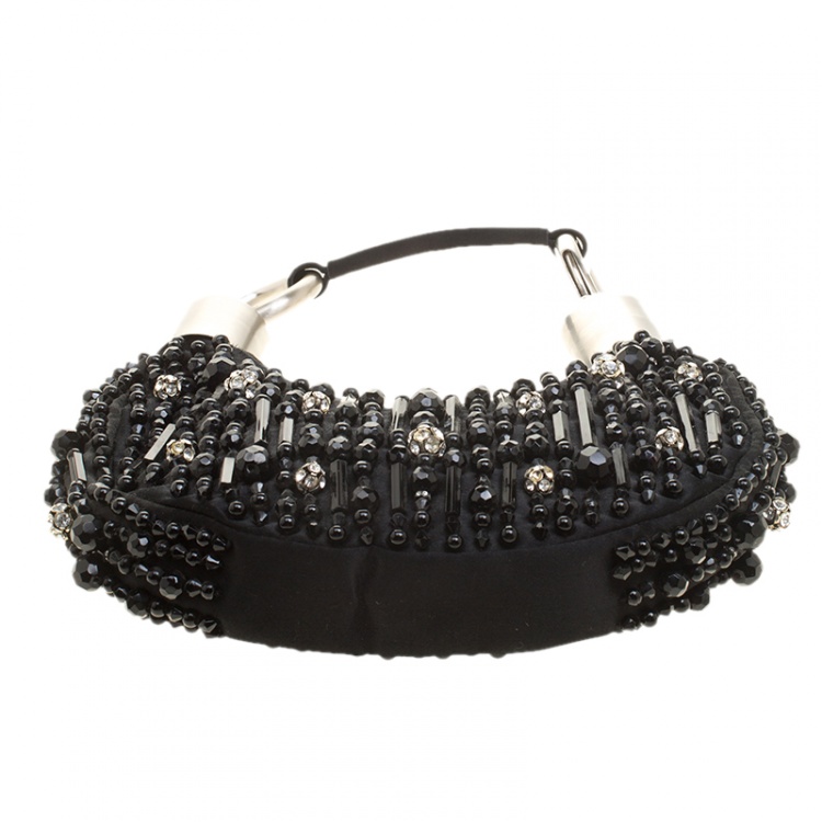 Pre Owned Chloe Black Satin Beads Embellished Hobo