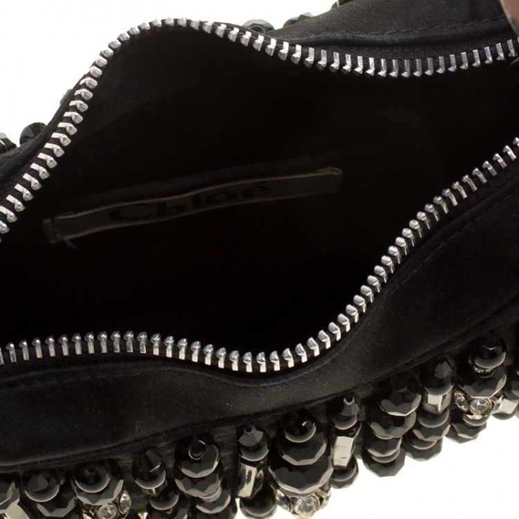 Pre Owned Chloe Black Satin Beads Embellished Hobo