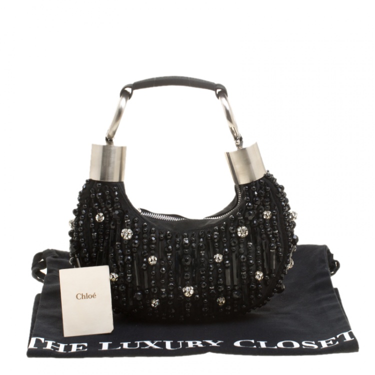 Pre Owned Chloe Black Satin Beads Embellished Hobo