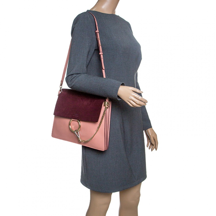 Pre Owned Chloe Peach/Burgundy Leather and Suede Faye Shoulder Bag