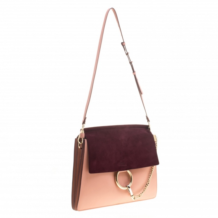 Pre Owned Chloe Peach/Burgundy Leather and Suede Faye Shoulder Bag