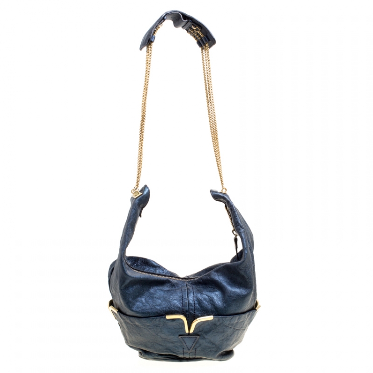 Pre Owned Chloe Metallic Blue Leather Milton Triple Chain Hobo
