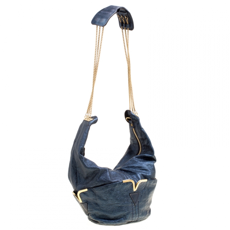 Pre Owned Chloe Metallic Blue Leather Milton Triple Chain Hobo