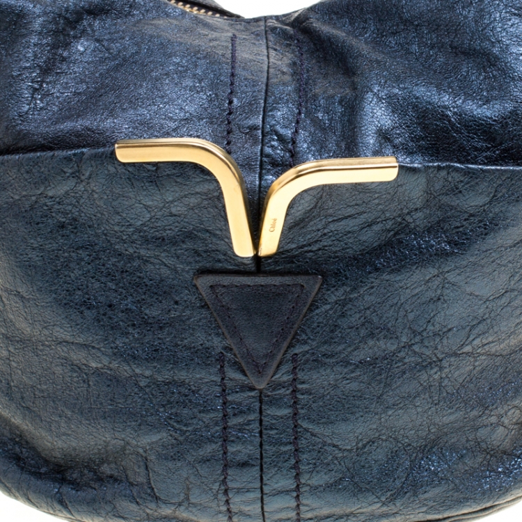 Pre Owned Chloe Metallic Blue Leather Milton Triple Chain Hobo
