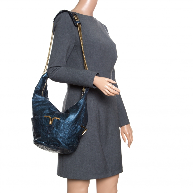 Pre Owned Chloe Metallic Blue Leather Milton Triple Chain Hobo