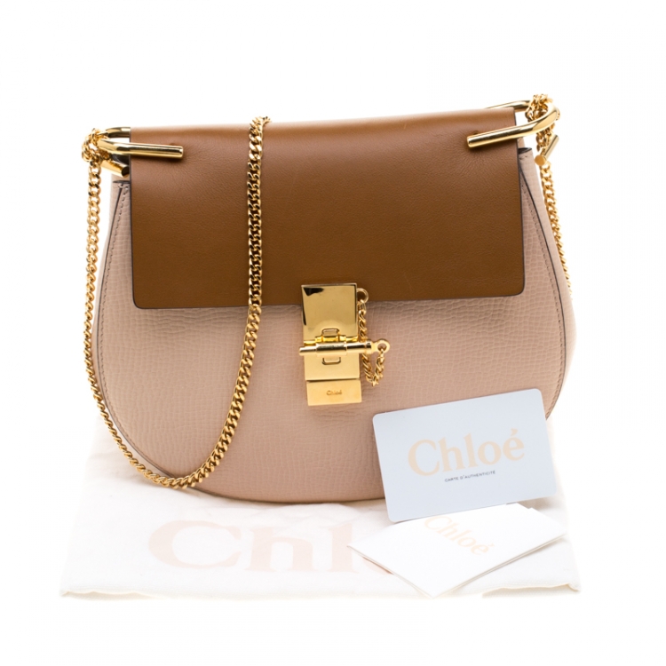 Pre Owned Chloe Peach/Brown Embossed Leather Medium Drew Shoulder Bag