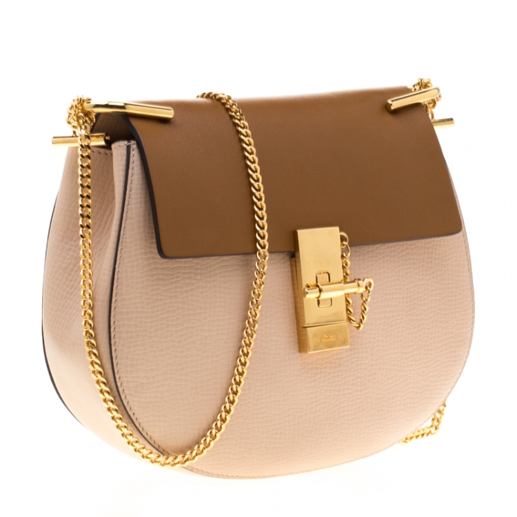 Pre Owned Chloe Peach/Brown Embossed Leather Medium Drew Shoulder Bag