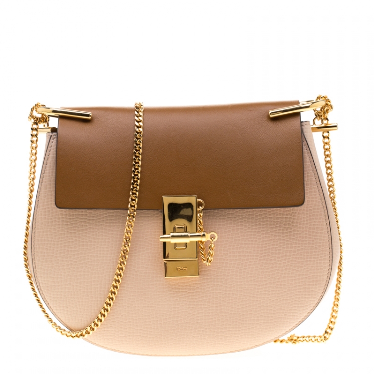 Pre Owned Chloe Peach/Brown Embossed Leather Medium Drew Shoulder Bag