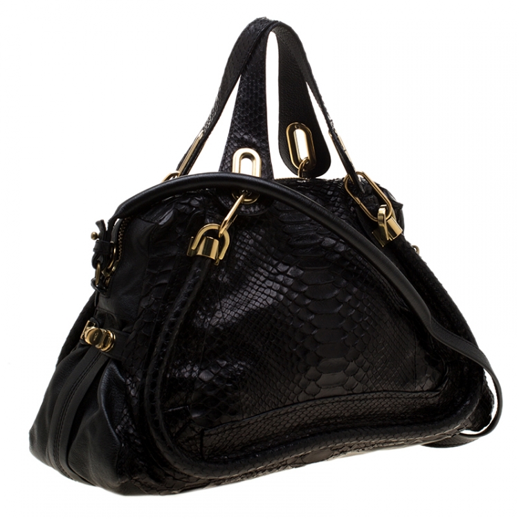 Pre Owned Chloe Black Python and Leather Medium Paraty Shoulder Bag
