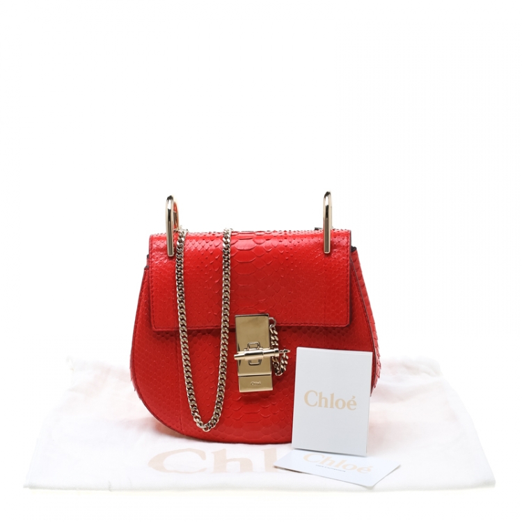 Pre Owned Chloe Coral Red Python Small Drew Shoulder Bag