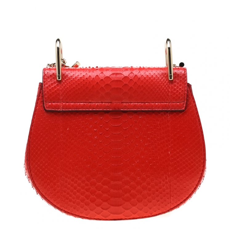 Pre Owned Chloe Coral Red Python Small Drew Shoulder Bag