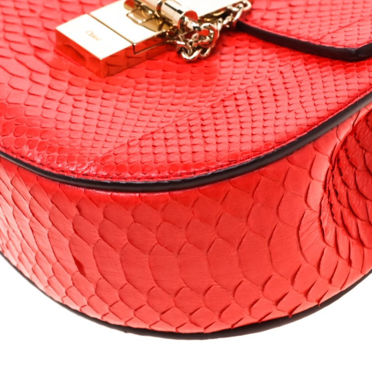 Pre Owned Chloe Coral Red Python Small Drew Shoulder Bag