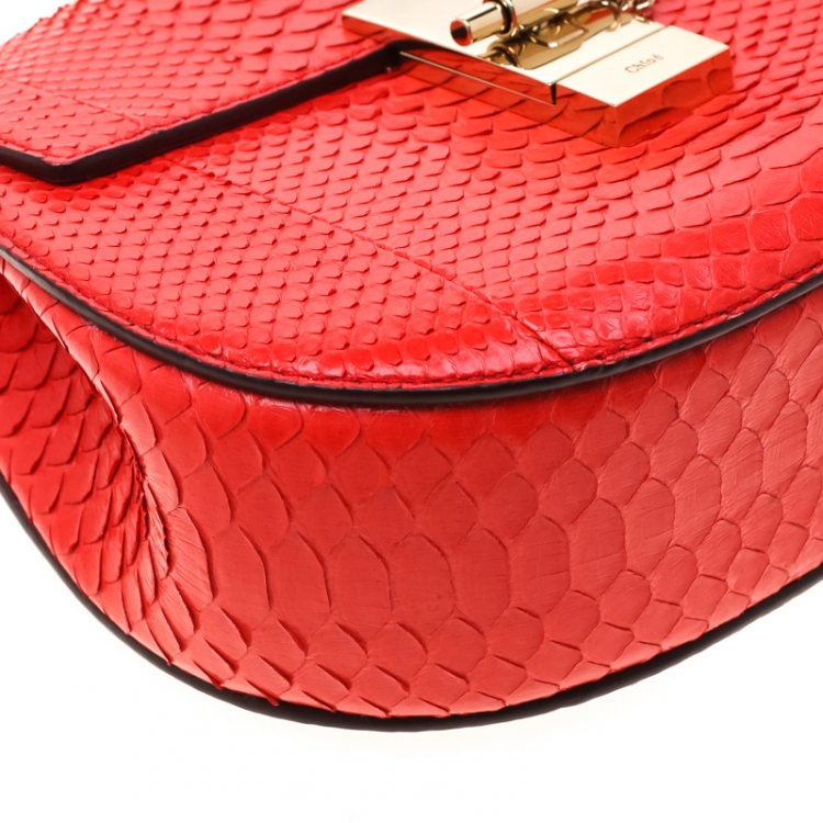 Pre Owned Chloe Coral Red Python Small Drew Shoulder Bag