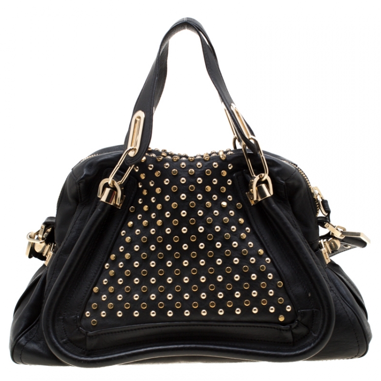 Pre Owned Chloe Black Studded Leather Medium Paraty Military Shoulder Bag 