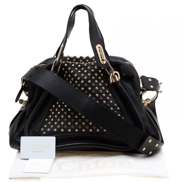 Pre Owned Chloe Black Studded Leather Medium Paraty Military Shoulder Bag 