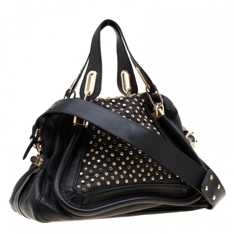 Pre Owned Chloe Black Studded Leather Medium Paraty Military Shoulder Bag 