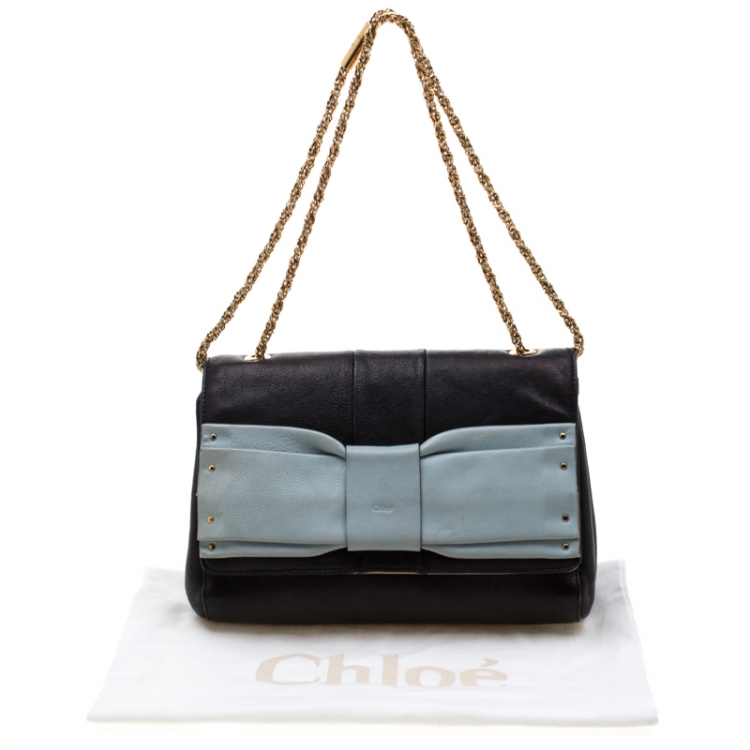 Pre Owned Chloe Black/Sky Blue Leather Small June Bow Shoulder Bag