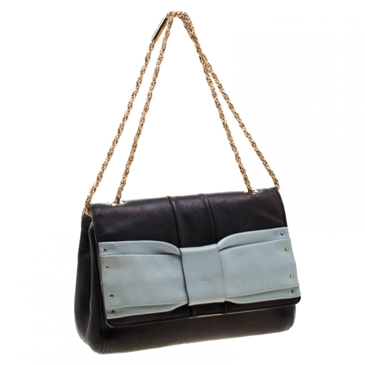Pre Owned Chloe Black/Sky Blue Leather Small June Bow Shoulder Bag