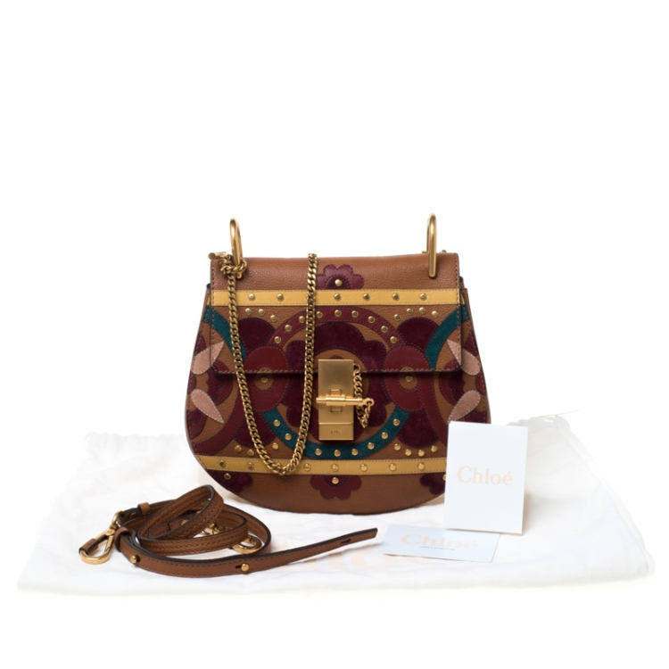 Pre Owned Chloe Drew Caramel/Floral Leather Small Studded Patchwork Shoulder Bag