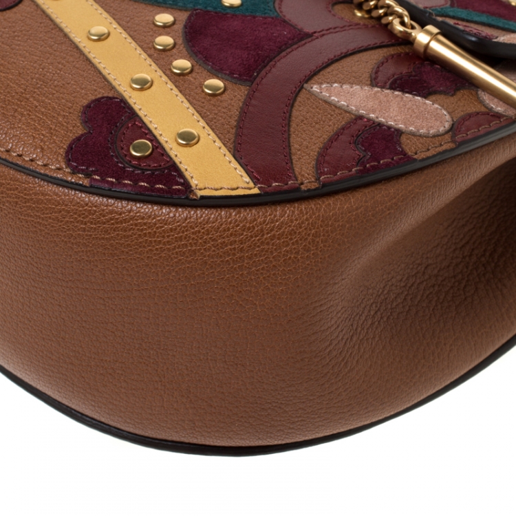 Pre Owned Chloe Drew Caramel/Floral Leather Small Studded Patchwork Shoulder Bag