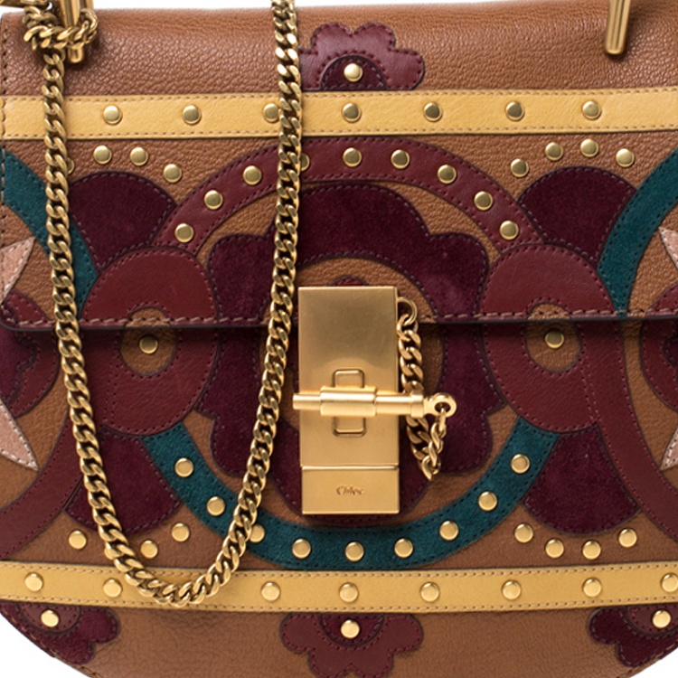 Pre Owned Chloe Drew Caramel/Floral Leather Small Studded Patchwork Shoulder Bag