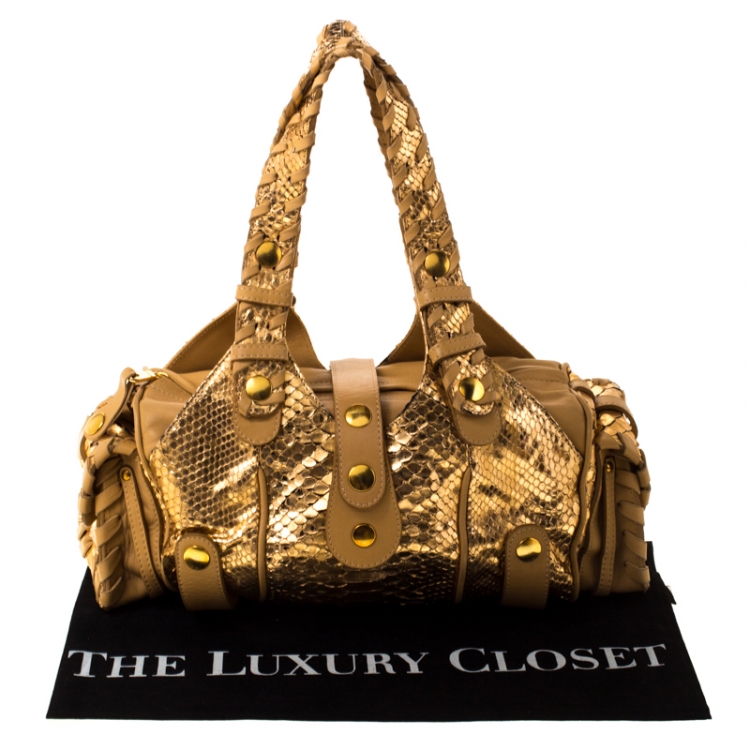 Pre Owned Chloe Gold/Beige Python and Leather Silverado Satchel