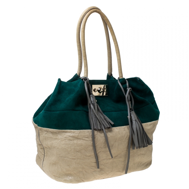 Pre Owned Chloe Green/Grey Suede and Leather Tassel Bucket Shoulder Bag