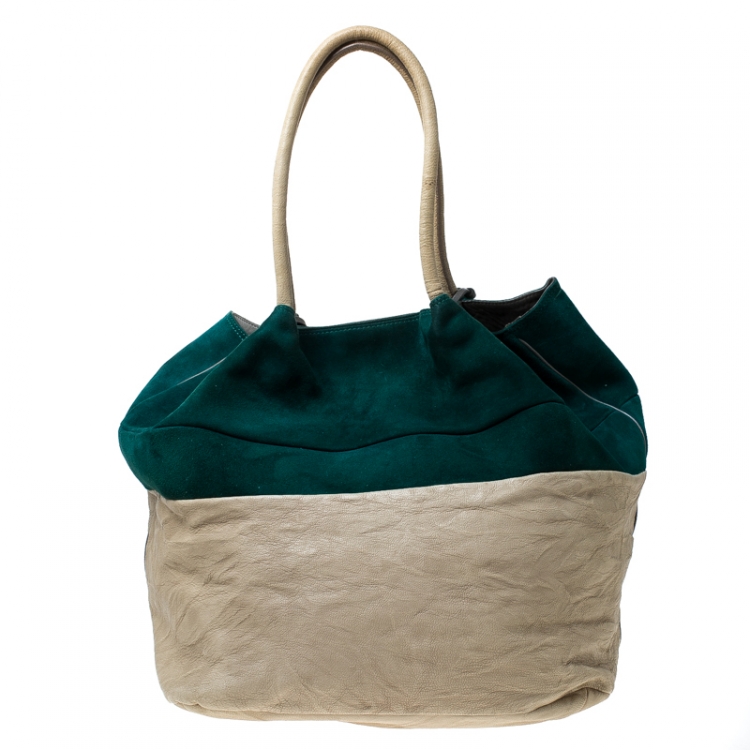 Pre Owned Chloe Green/Grey Suede and Leather Tassel Bucket Shoulder Bag