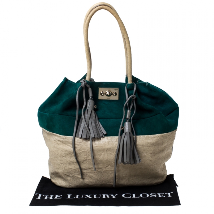 Pre Owned Chloe Green/Grey Suede and Leather Tassel Bucket Shoulder Bag