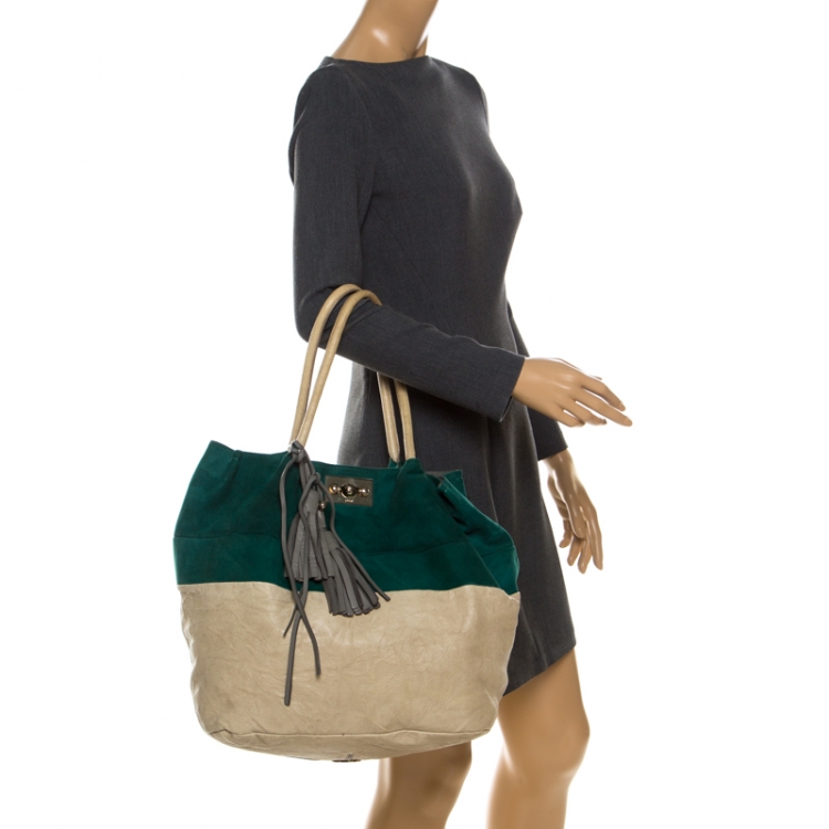 Pre Owned Chloe Green/Grey Suede and Leather Tassel Bucket Shoulder Bag