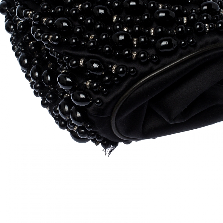 Pre Owned Chloe Black Beaded Satin Crystal Embellished Ring Handle Clutch