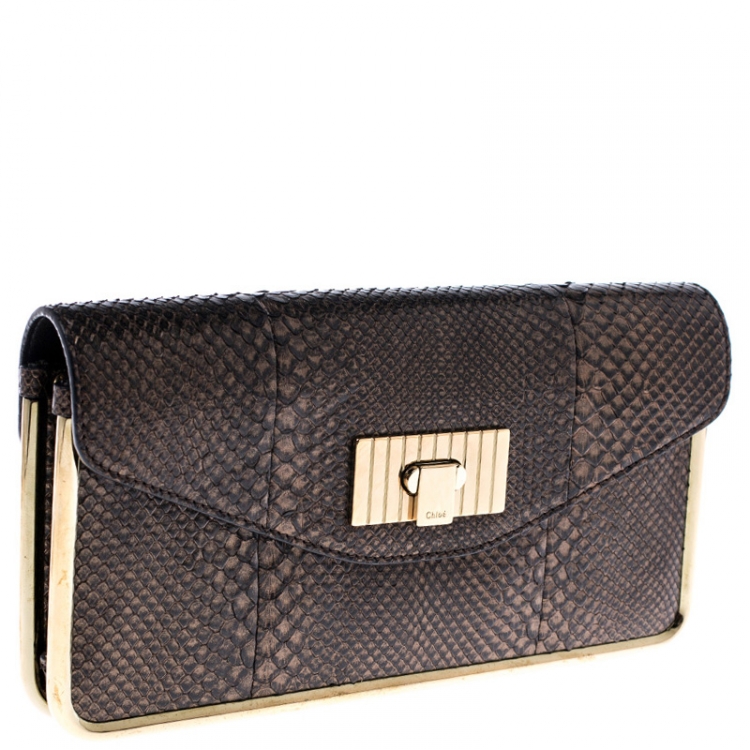 Pre Owned Chloe Bronze Python Leather Clutch