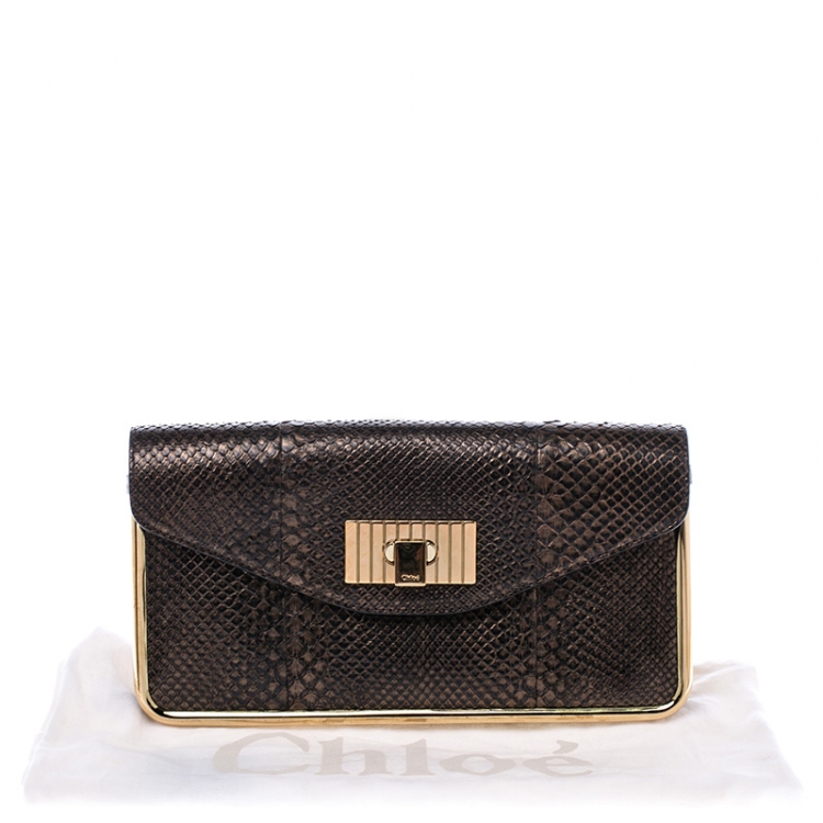 Pre Owned Chloe Bronze Python Leather Clutch