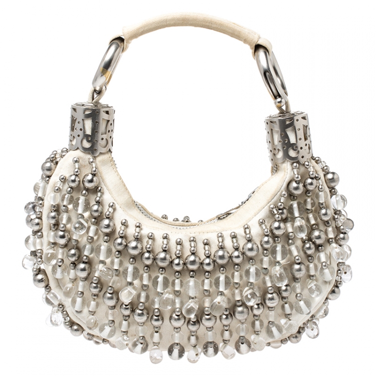 Pre Owned Chloe Off White Canvas Beaded Embellished Crescent Hobo