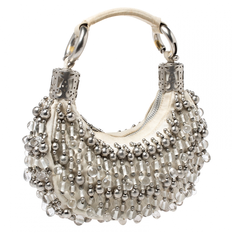 Pre Owned Chloe Off White Canvas Beaded Embellished Crescent Hobo