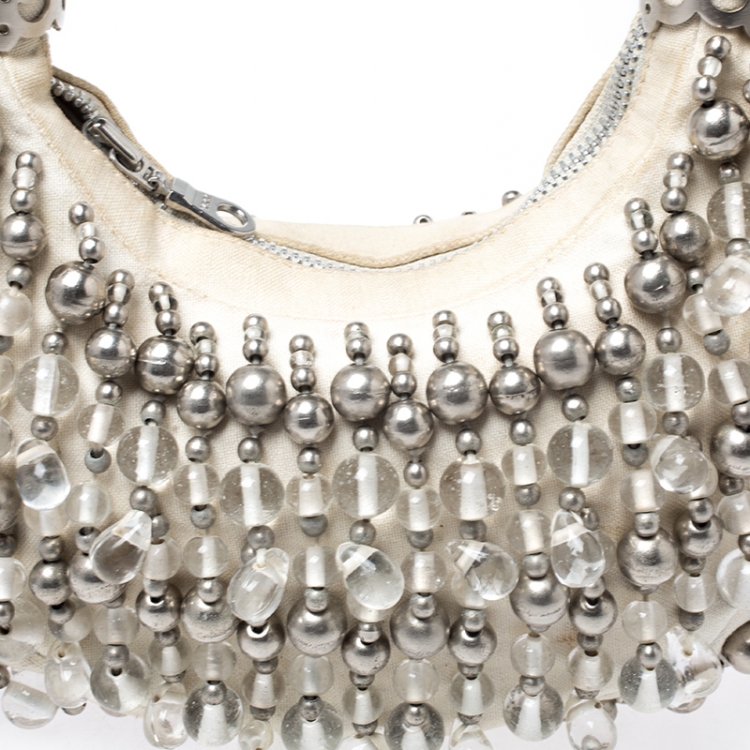 Pre Owned Chloe Off White Canvas Beaded Embellished Crescent Hobo