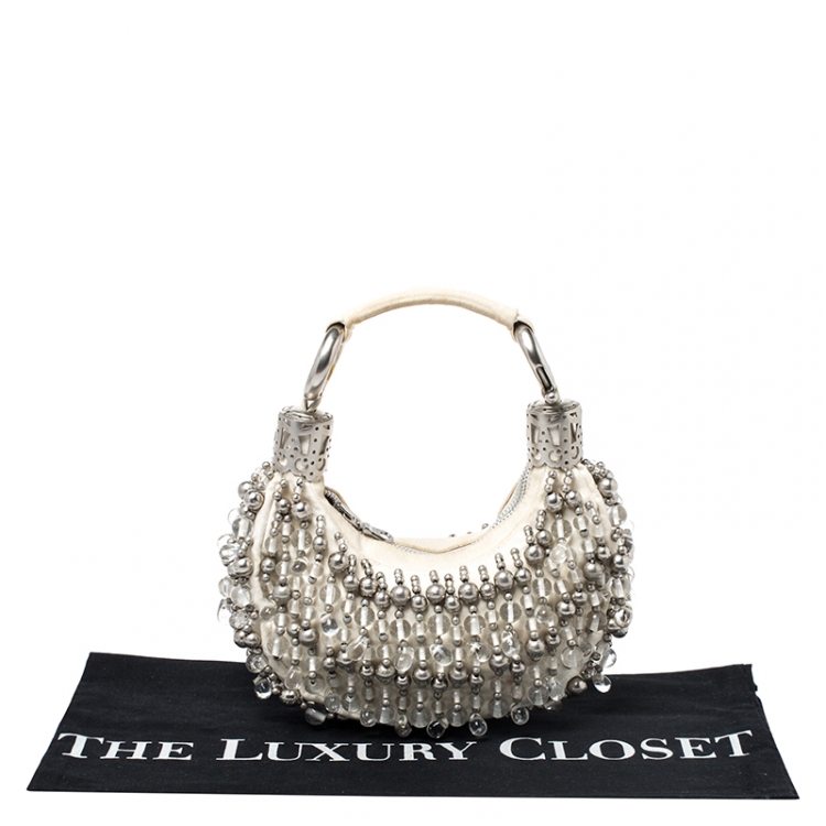 Pre Owned Chloe Off White Canvas Beaded Embellished Crescent Hobo