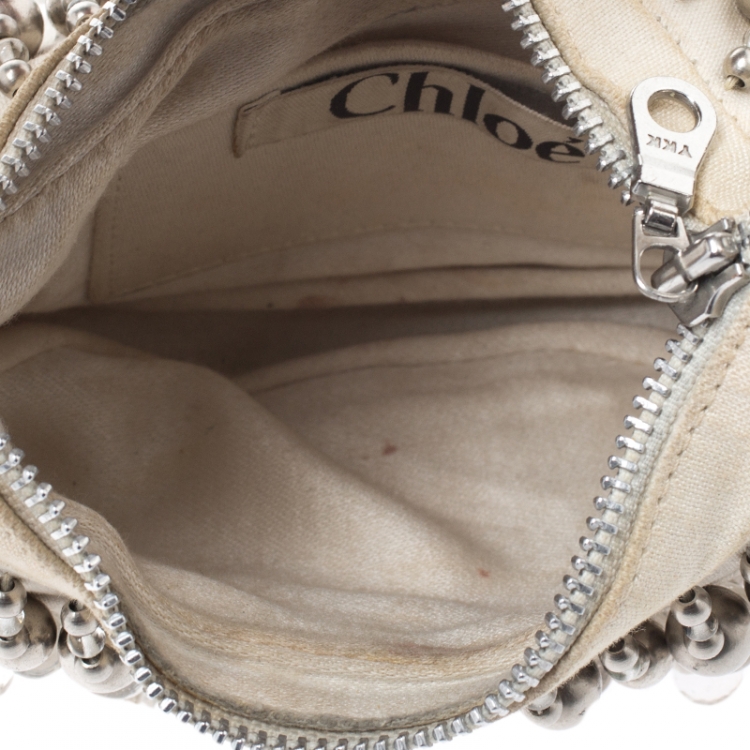 Pre Owned Chloe Off White Canvas Beaded Embellished Crescent Hobo