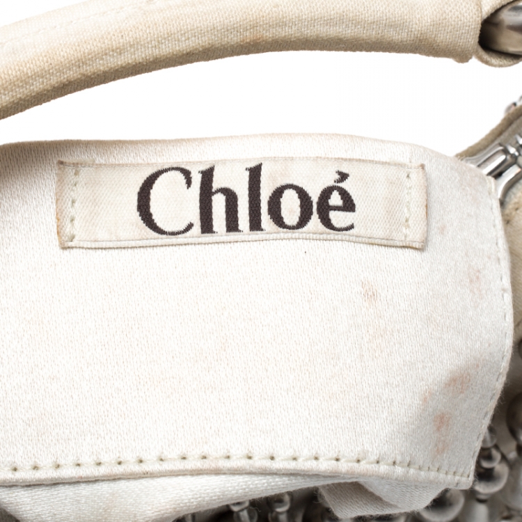 Pre Owned Chloe Off White Canvas Beaded Embellished Crescent Hobo