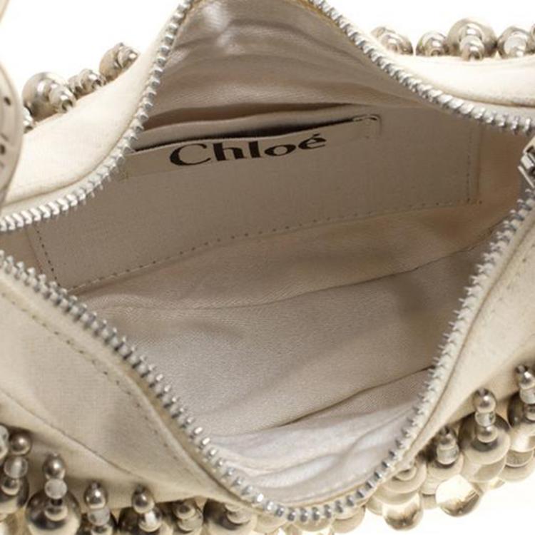 Pre Owned Chloe Off White Canvas Bead Embellished Crescent Hobo Bag