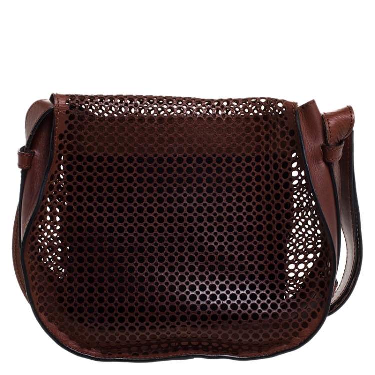 Pre Owned Chloe Dark Brown Perforated Leather Medium Marcie Crossbody Bag