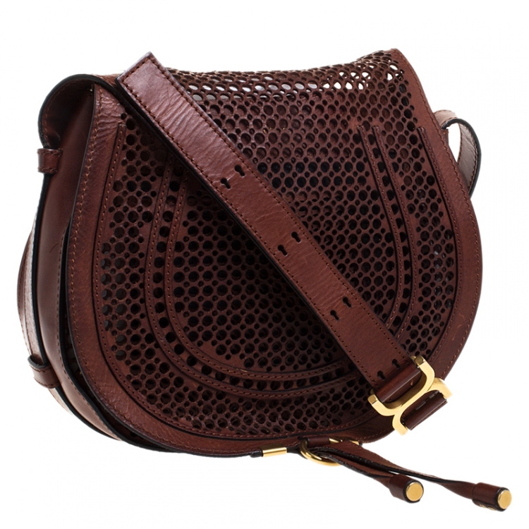 Pre Owned Chloe Dark Brown Perforated Leather Medium Marcie Crossbody Bag