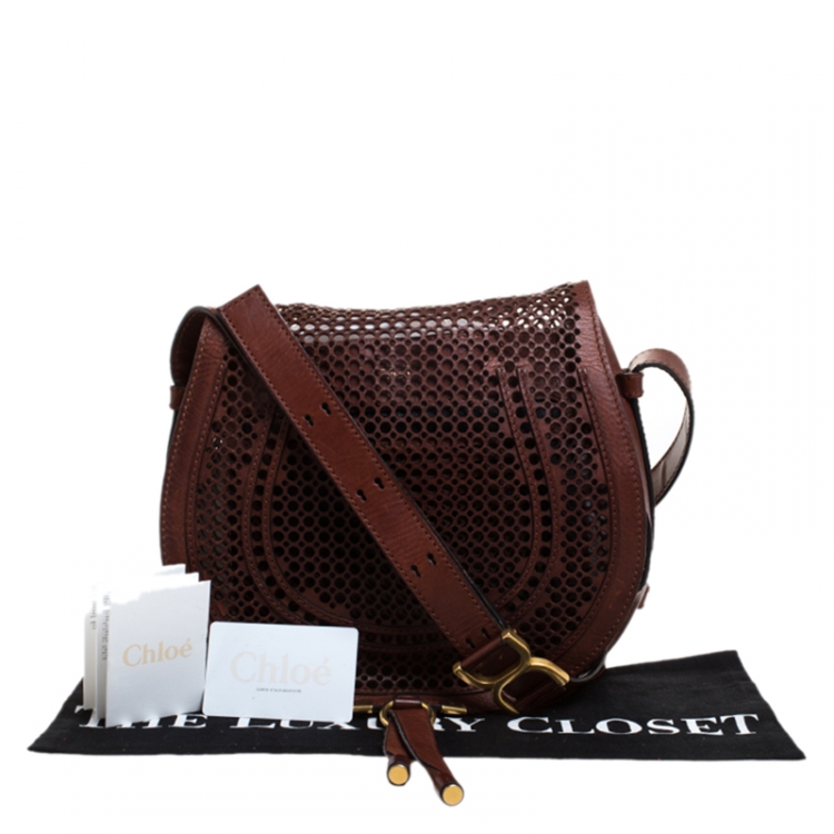 Pre Owned Chloe Dark Brown Perforated Leather Medium Marcie Crossbody Bag