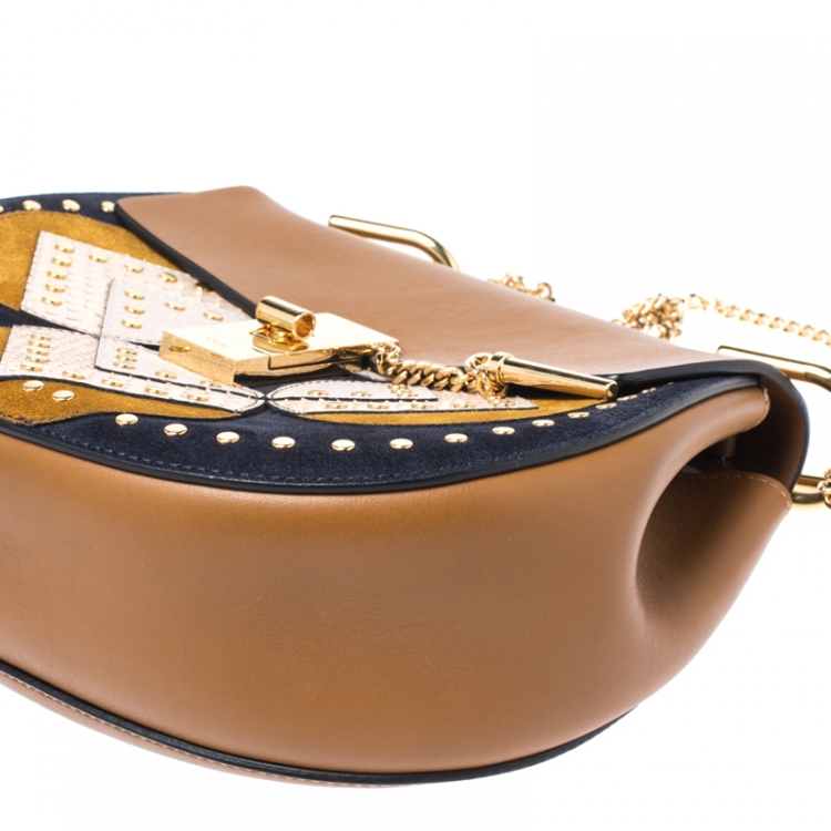 Pre Owned Chloe Caramel Leather Medium Drew Studded Patchwork Shoulder Bag